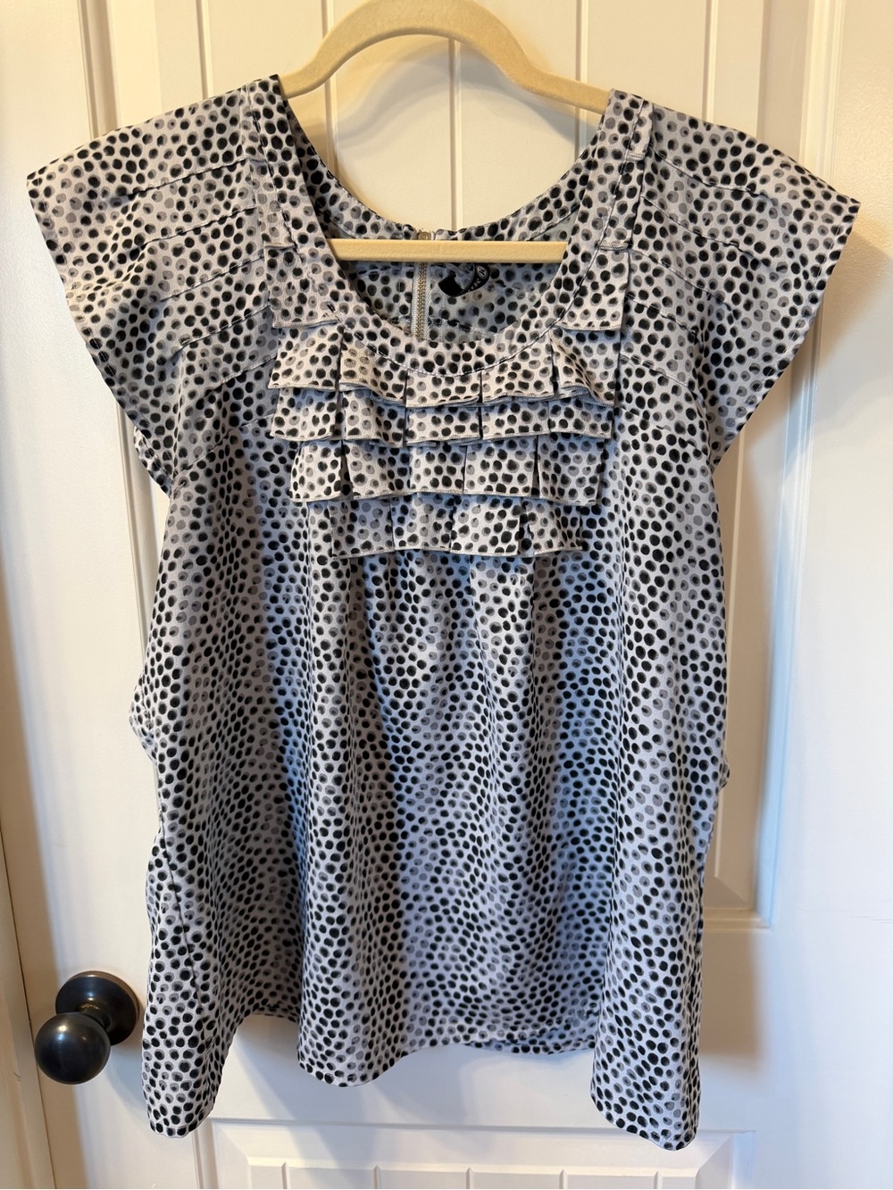 Polka Dot Ruffle Front business casual Women's Top - Black and White